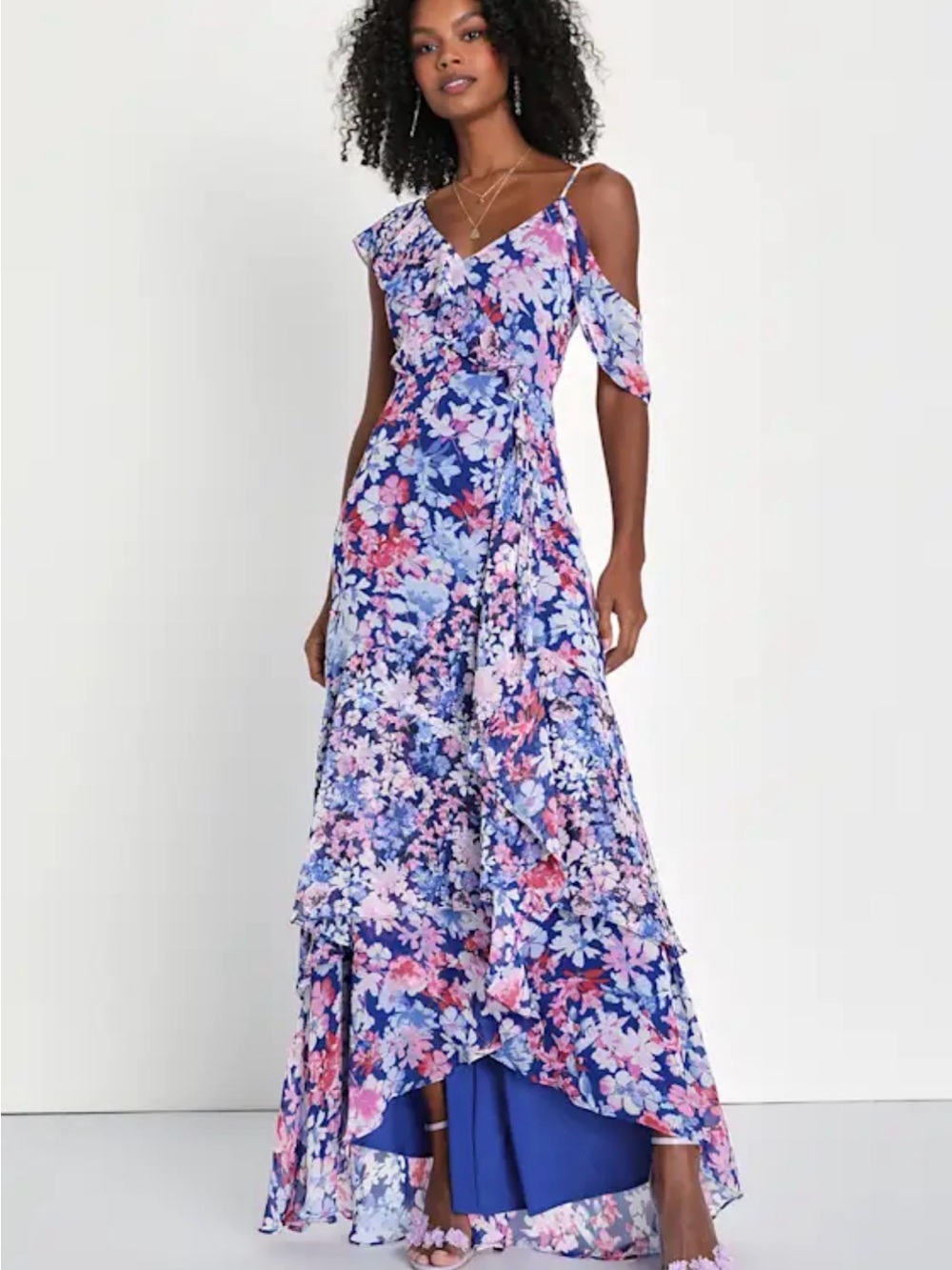 Lulu's Blue and Pink Floral Cold-Shoulder High-Low Maxi Dress